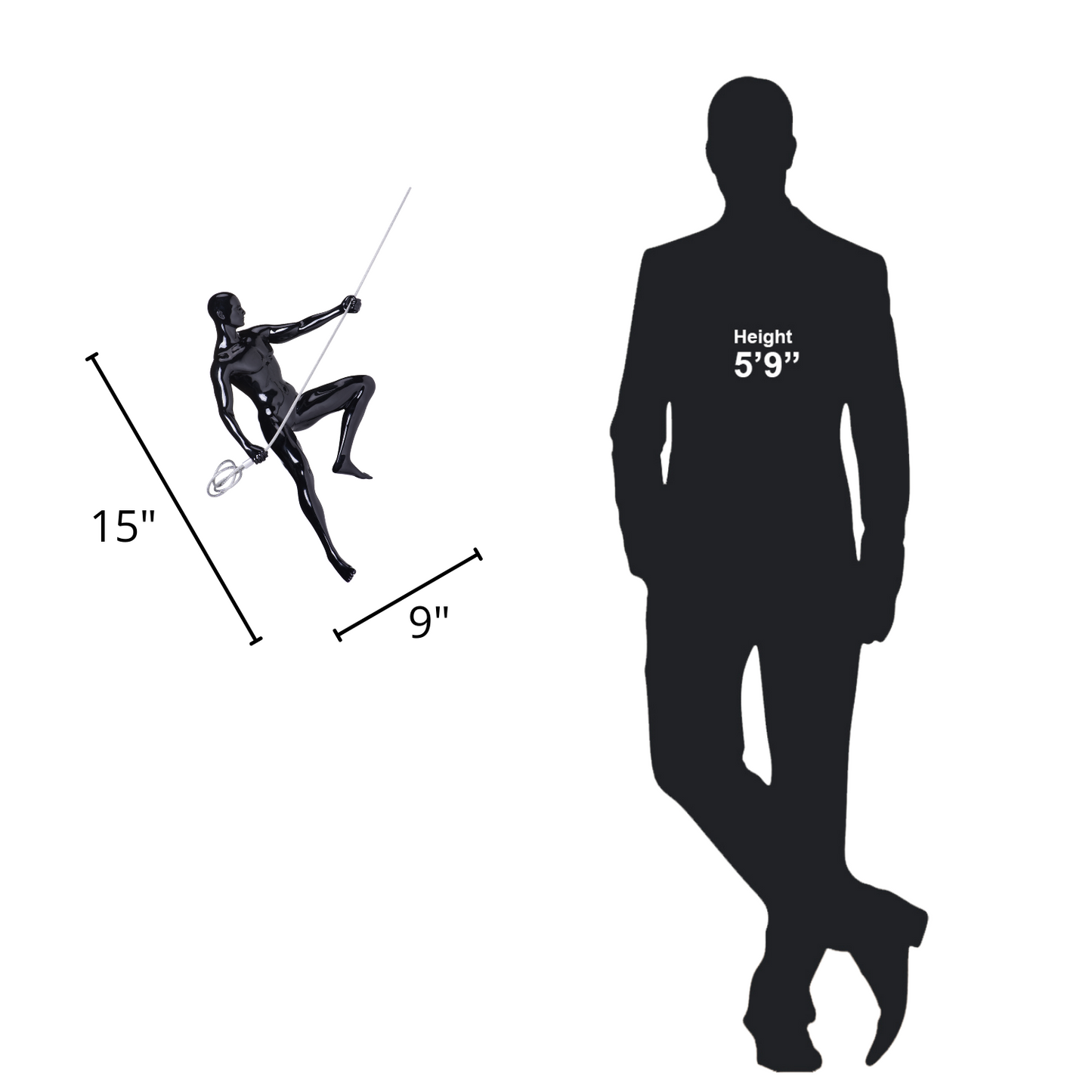 Glossy Black Wall Sculpture Climbing 15" Man - Finesse Decor C-CL-18