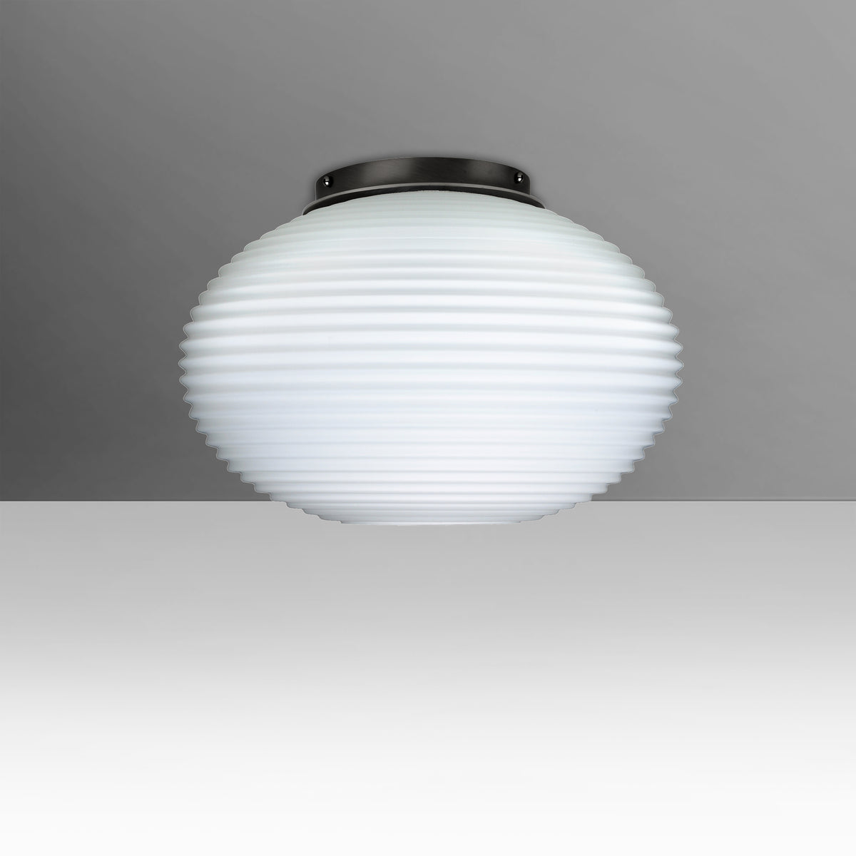 Besa Pape 12 semi-flush ceiling light, Opal Ribbed glass, black canopy – studio view