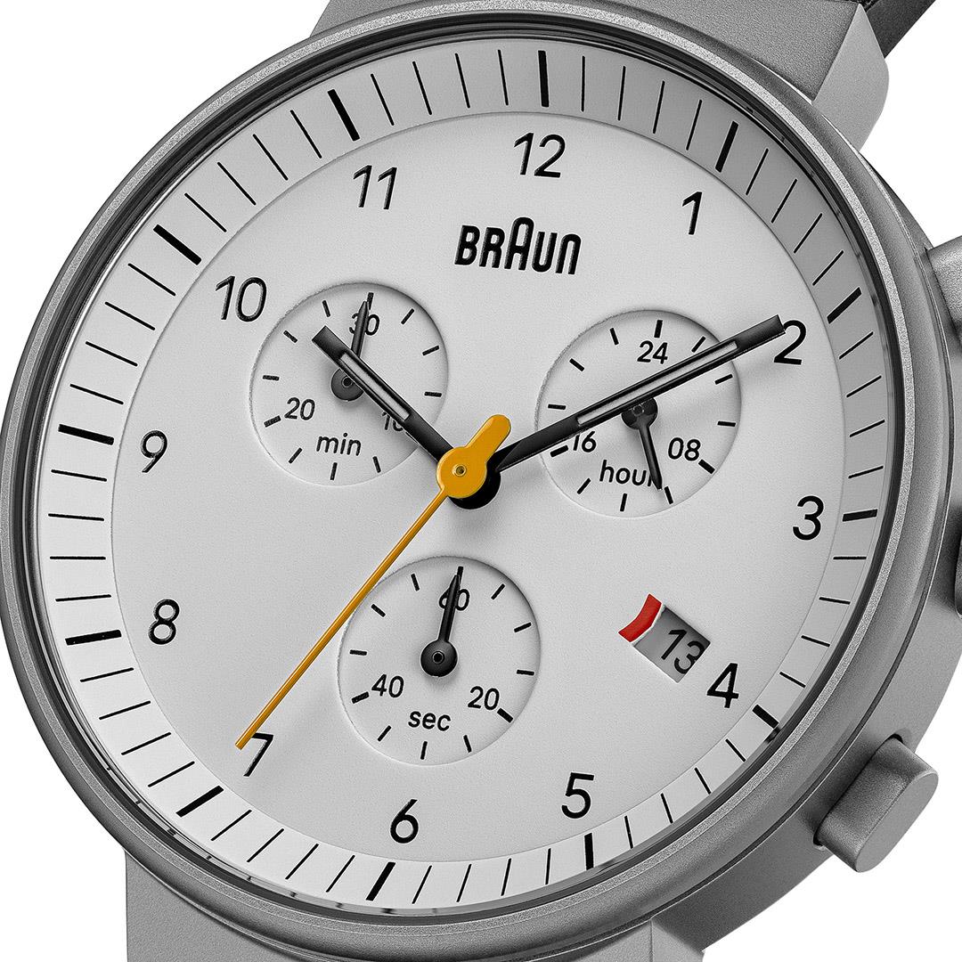 Braun BN0035 Classic Chronograph – White Dial, Black Leather – dial close-up