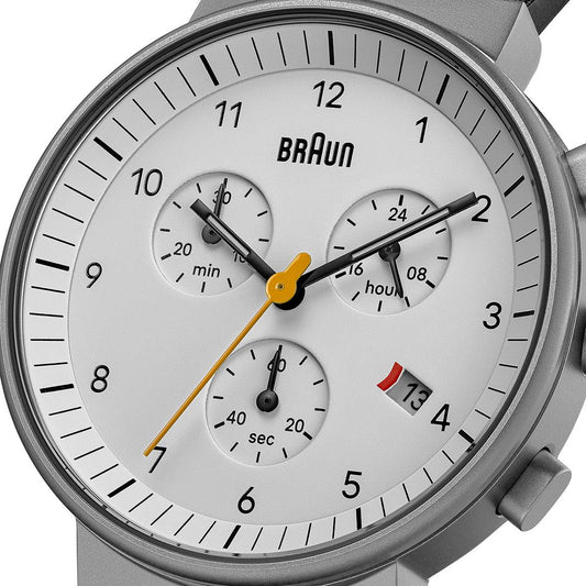 Braun BN0035 Classic Chronograph – White Dial, Black Leather – dial close-up
