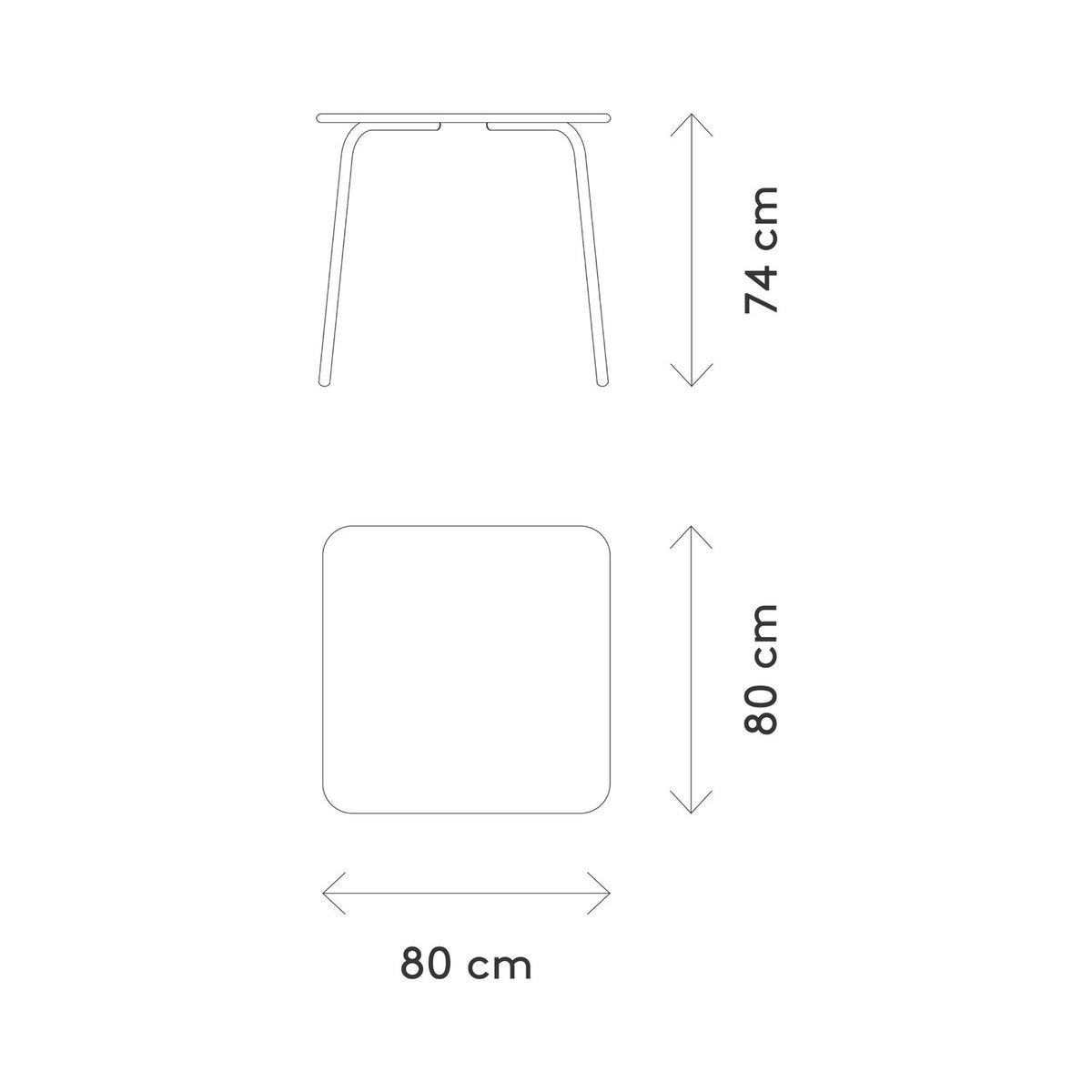 blomus YUA square bistro table, official blomus dimension drawing: 80 cm wide, 80 cm deep, 74 cm high