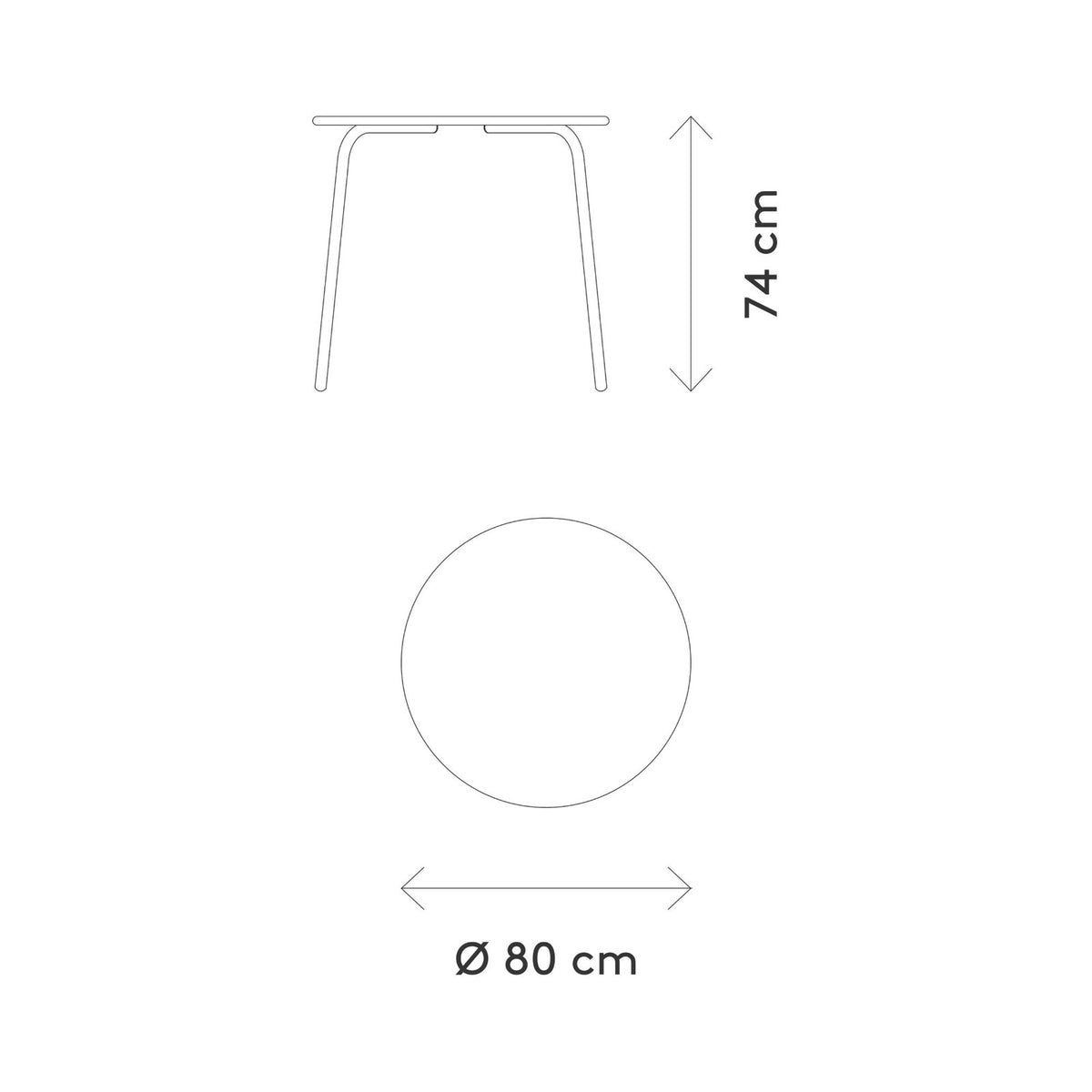 blomus YUA round bistro table, official blomus dimension drawing: 80 cm diameter, 74 cm high
