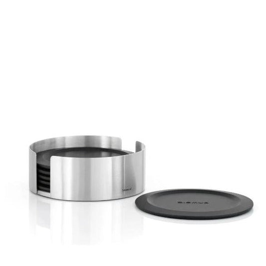 blomus Coasters with Stainless Steel Holder Round Black