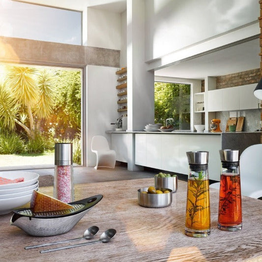 blomus ALINJO Glass Oil & Vinegar Bottle Set with Steel Tops – ALINJO oil and vinegar set in a styled setting (1)