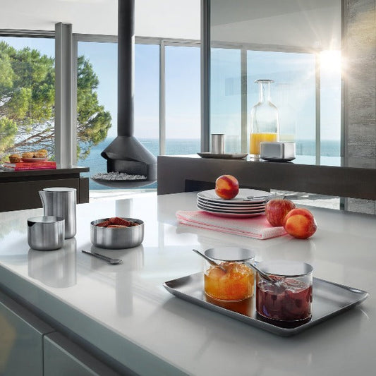 blomus BASIC Brushed Stainless Steel Serving Tray, 3 Sizes – BASIC serving tray in a styled room (1)