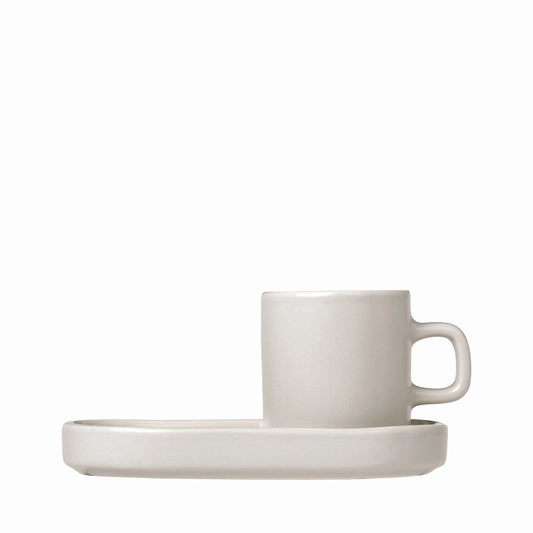 blomus PILAR Espresso Cups with Oval Trays, Set of 2 – Moonbeam espresso cup on its oval tray, side view