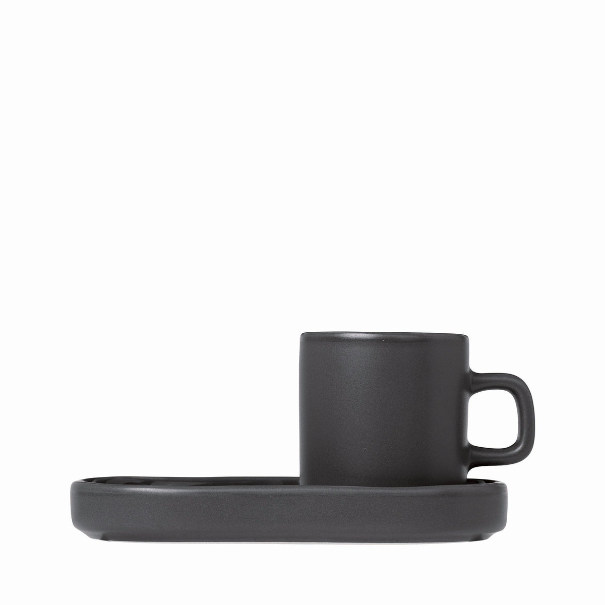 blomus PILAR Espresso Cups with Oval Trays, Set of 2 – Agave Green espresso cup on its oval tray, side view