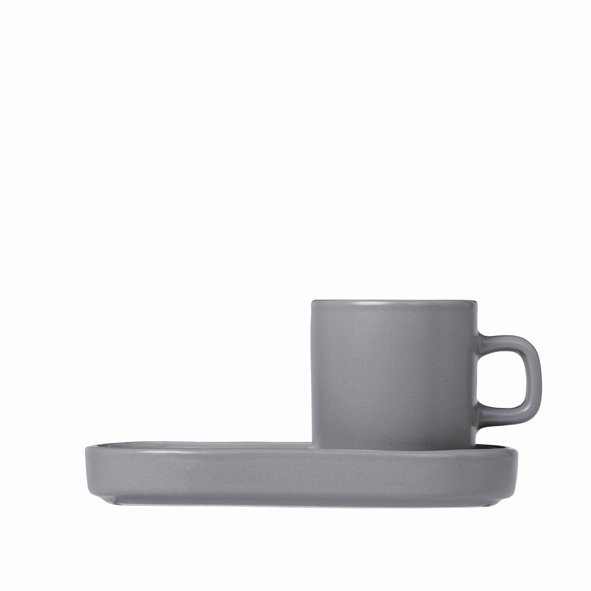 blomus PILAR Espresso Cups with Oval Trays, Set of 2 – Mirage Grey espresso cup on its oval tray, side view