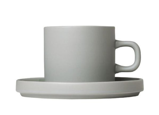 blomus Pilar Coffee Cups with Saucers 7 oz Saucers Mirage Grey Set of 2