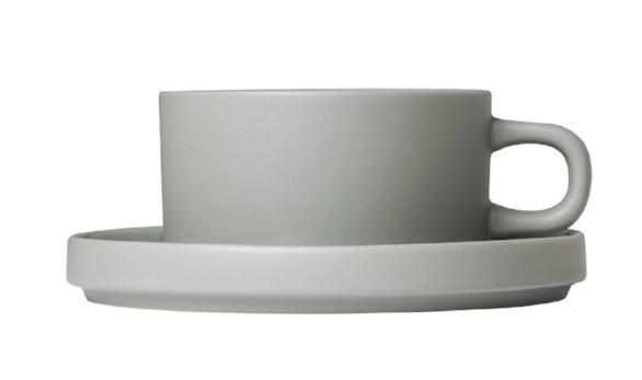 blomus Pilar Tea Cups with Saucers 6 oz Saucers Mirage Grey Set of 2