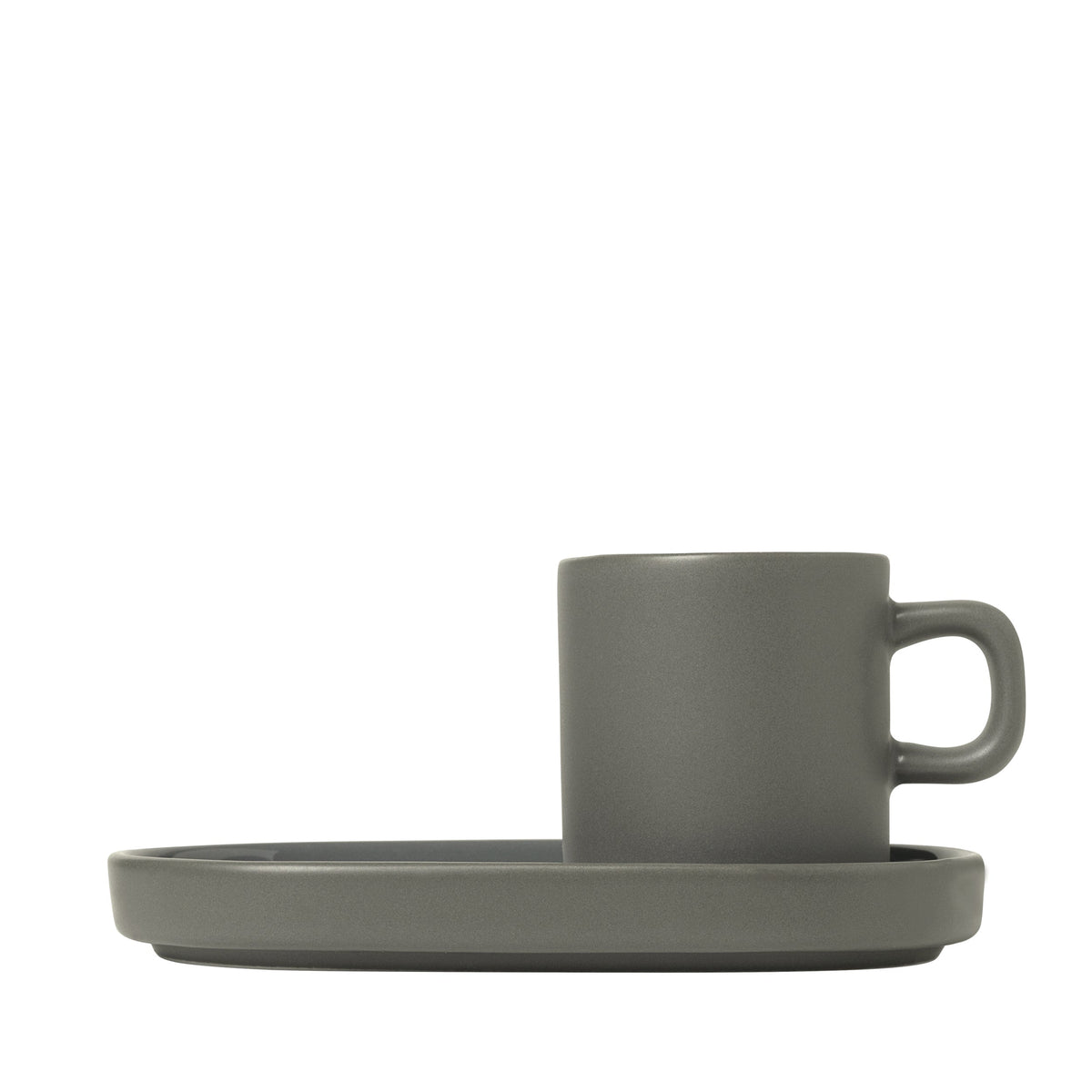 blomus PILAR Espresso Cups with Oval Trays, Set of 2 – Pewter espresso cup on its oval tray, side view