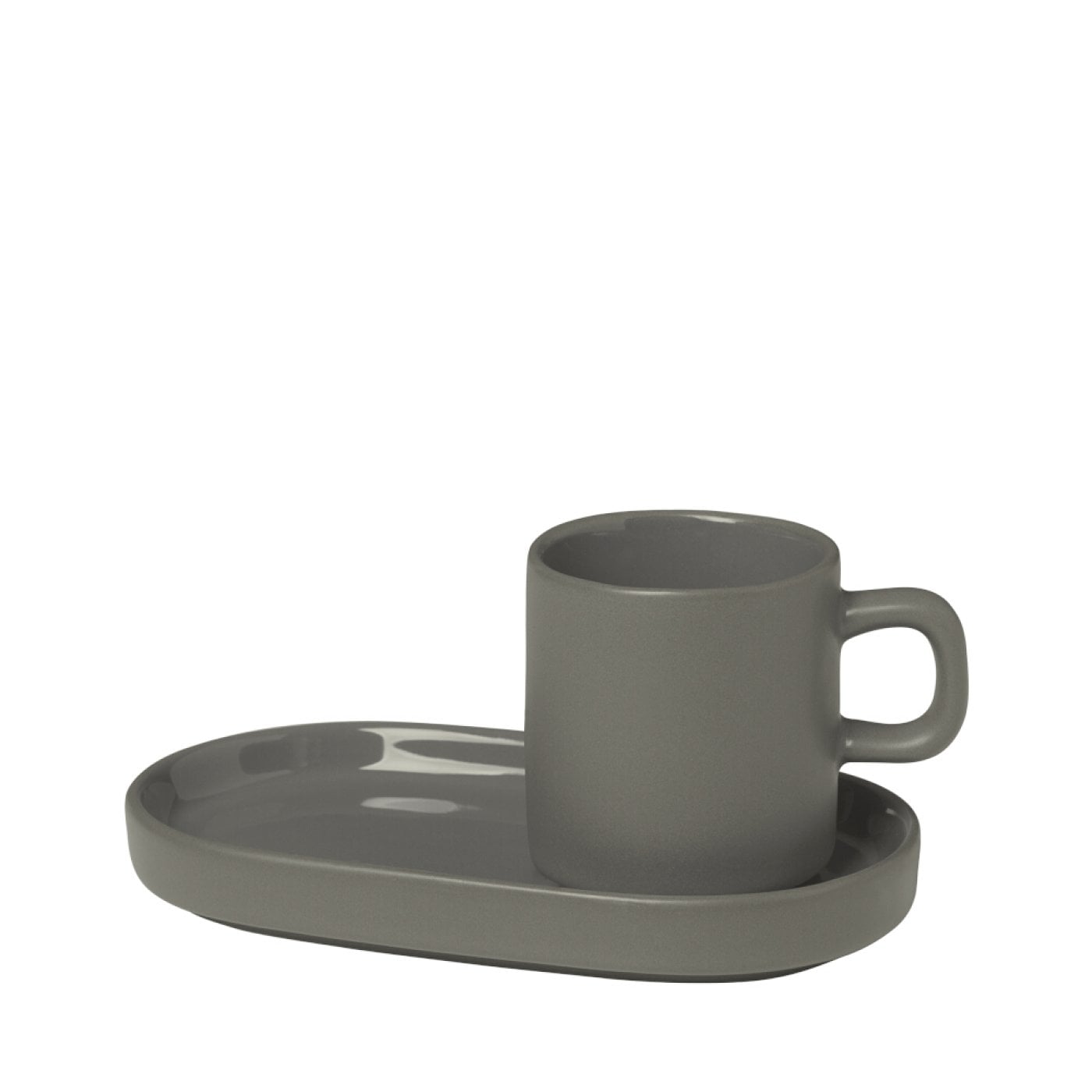 blomus Pilar Espresso Cups with Trays Pewter Set of 2