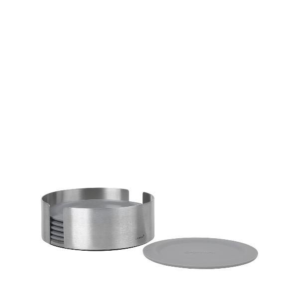 blomus Coasters with Stainless Steel Holder Round Sharkskin
