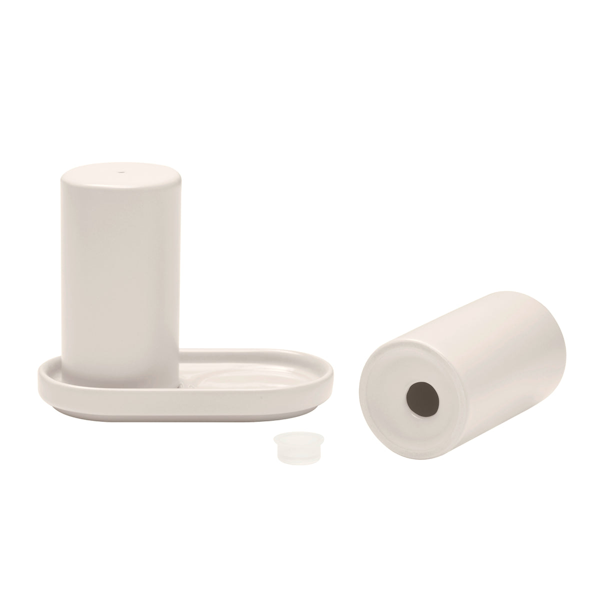 blomus PILAR Salt & Pepper Shakers with Tray – Moonbeam shakers with tray and silicone stopper, one on its side