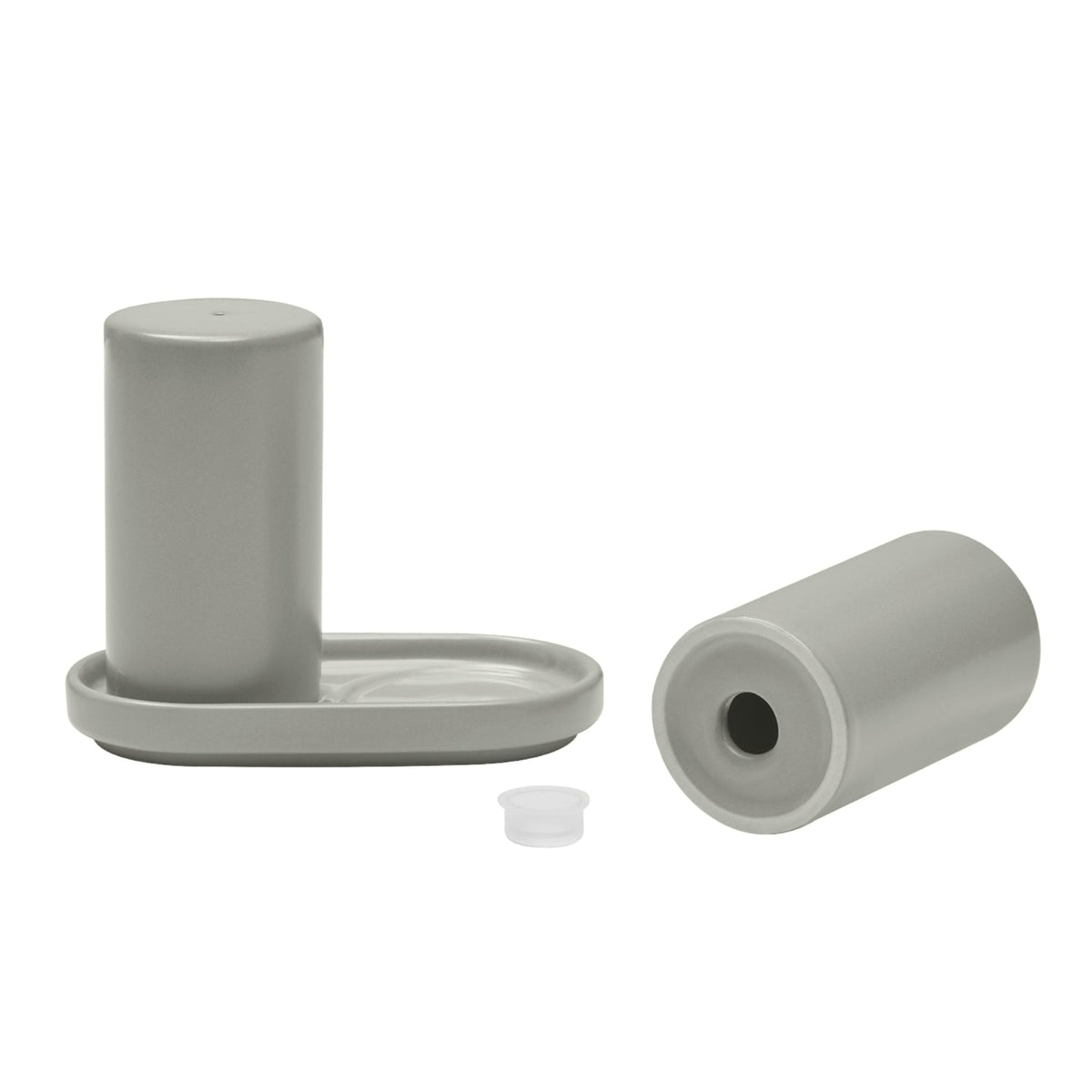 blomus PILAR Salt & Pepper Shakers with Tray – Mirage Grey shakers with tray and silicone stopper, one on its side