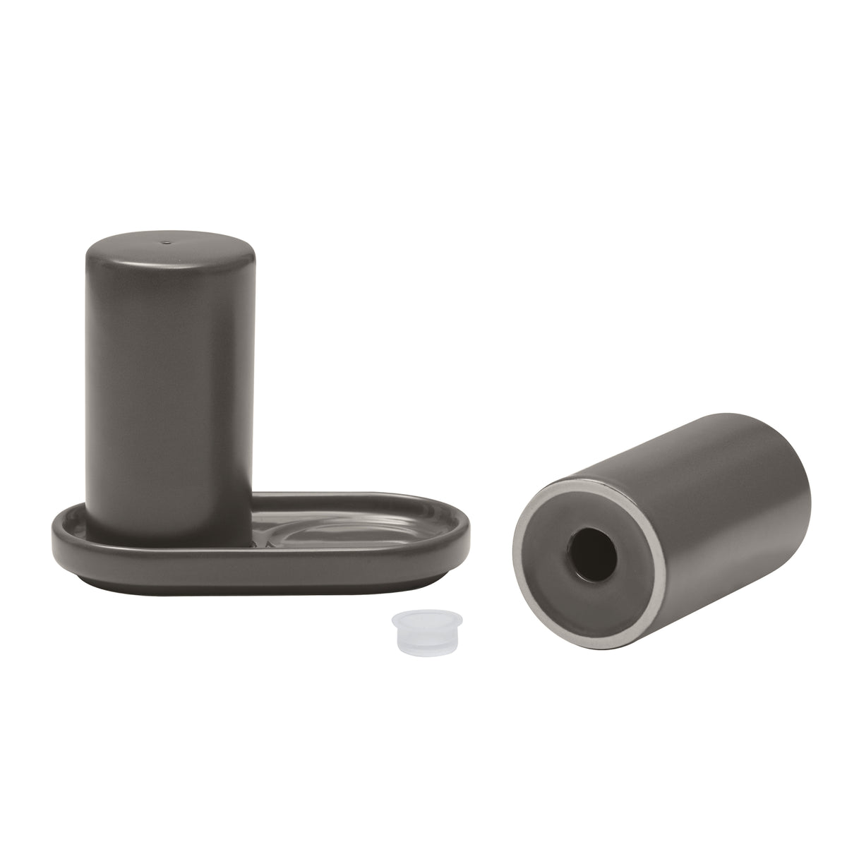 blomus PILAR Salt & Pepper Shakers with Tray – Pewter shakers with tray and silicone stopper, one on its side