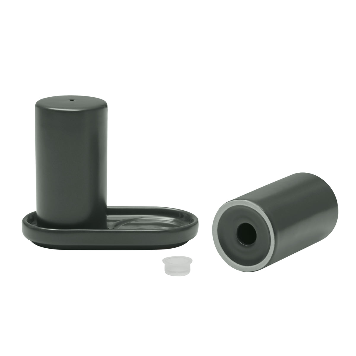 blomus PILAR Salt & Pepper Shakers with Tray – Agave Green shakers with tray and silicone stopper, one on its side