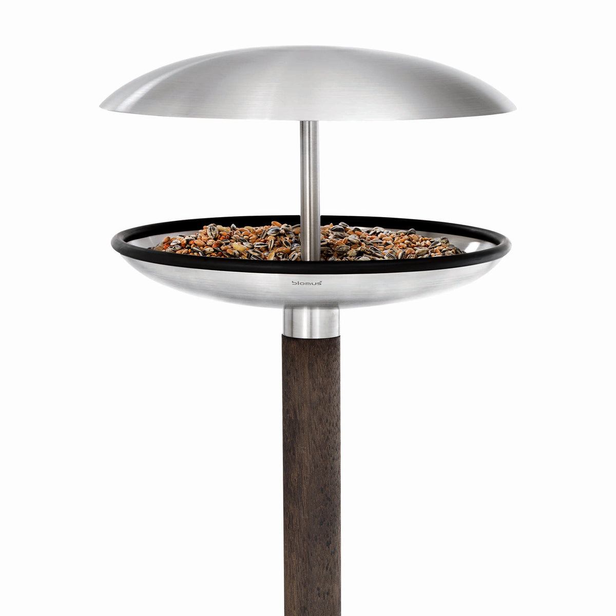 blomus FEURA Bird Feeder & Bird Bath, Stainless Steel – Stainless Steel & Wood bird feeder and bath, product photo