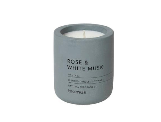blomus Scented Candle in Concrete Container Small Flintstone Rose & White Must Fragrance