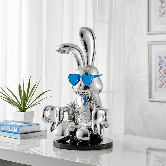Sitting Rabbit with Blue Tie and Glasses - Finesse Decor SB-2330-CHR/BL