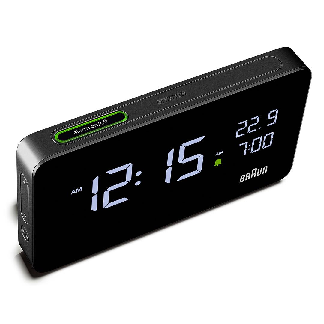 Braun BC20 Bluetooth Digital Alarm Clock – Black – lit display, side view