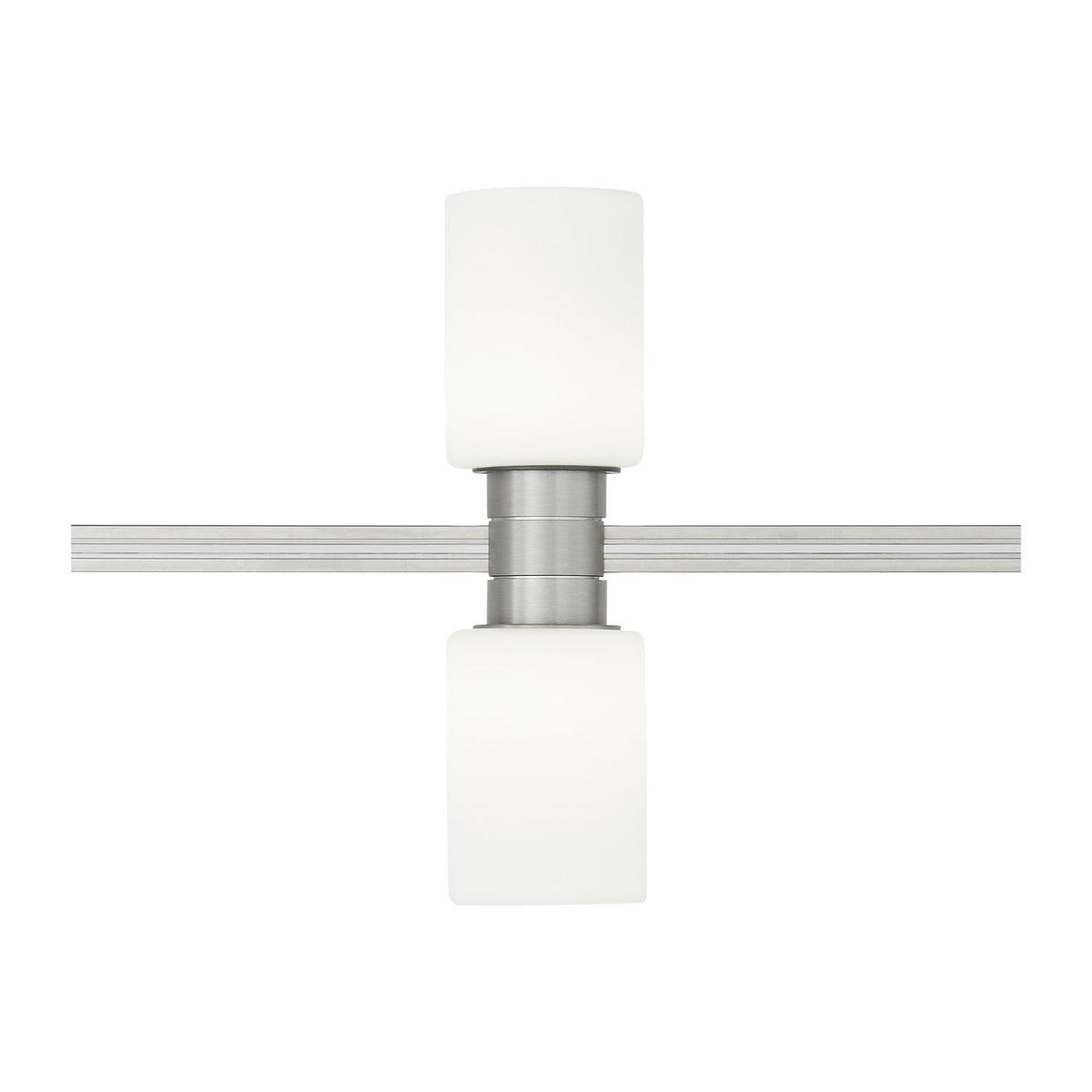 Visual Comfort Cylinders in Satin Nickel, Vertical, installed view