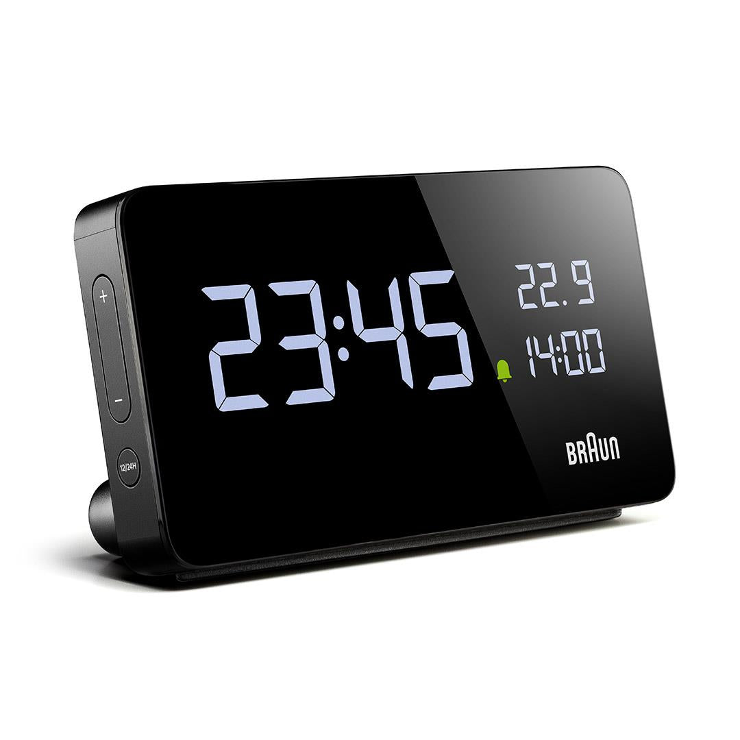 Braun BC20 Bluetooth Digital Alarm Clock – Black – showing 23:45 with date and temperature