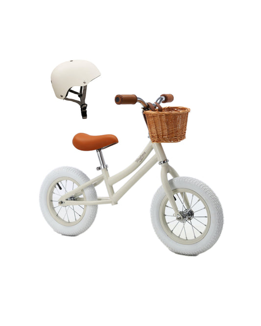Baghera retro balance bike in ivory white with helmet