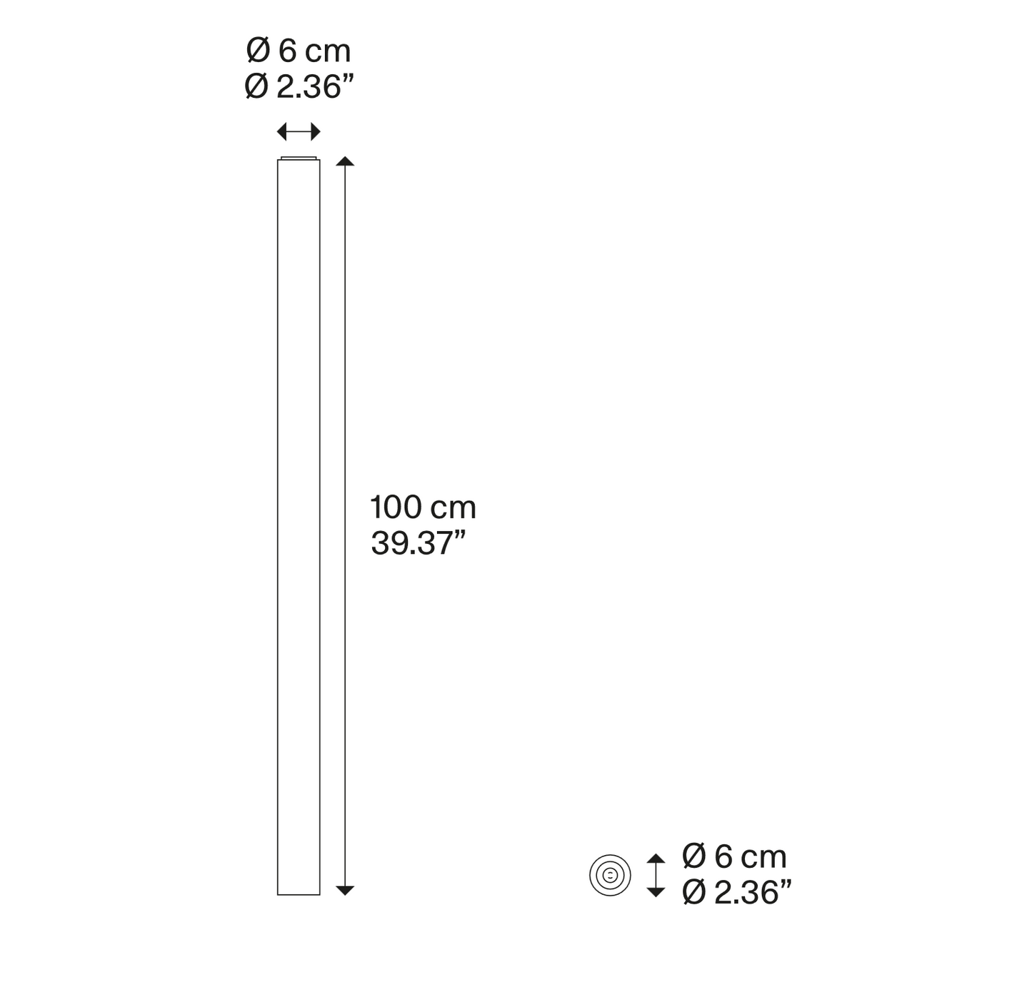 Lodes A-Tube Large shade line drawing showing cylindrical profile and fixture dimensions