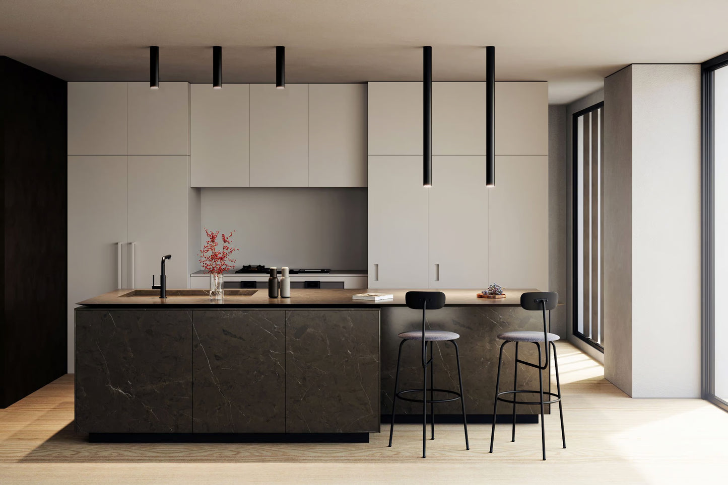 Minimalist Lodes A-Tube Large ceiling light for kitchen island lighting in matte black finish