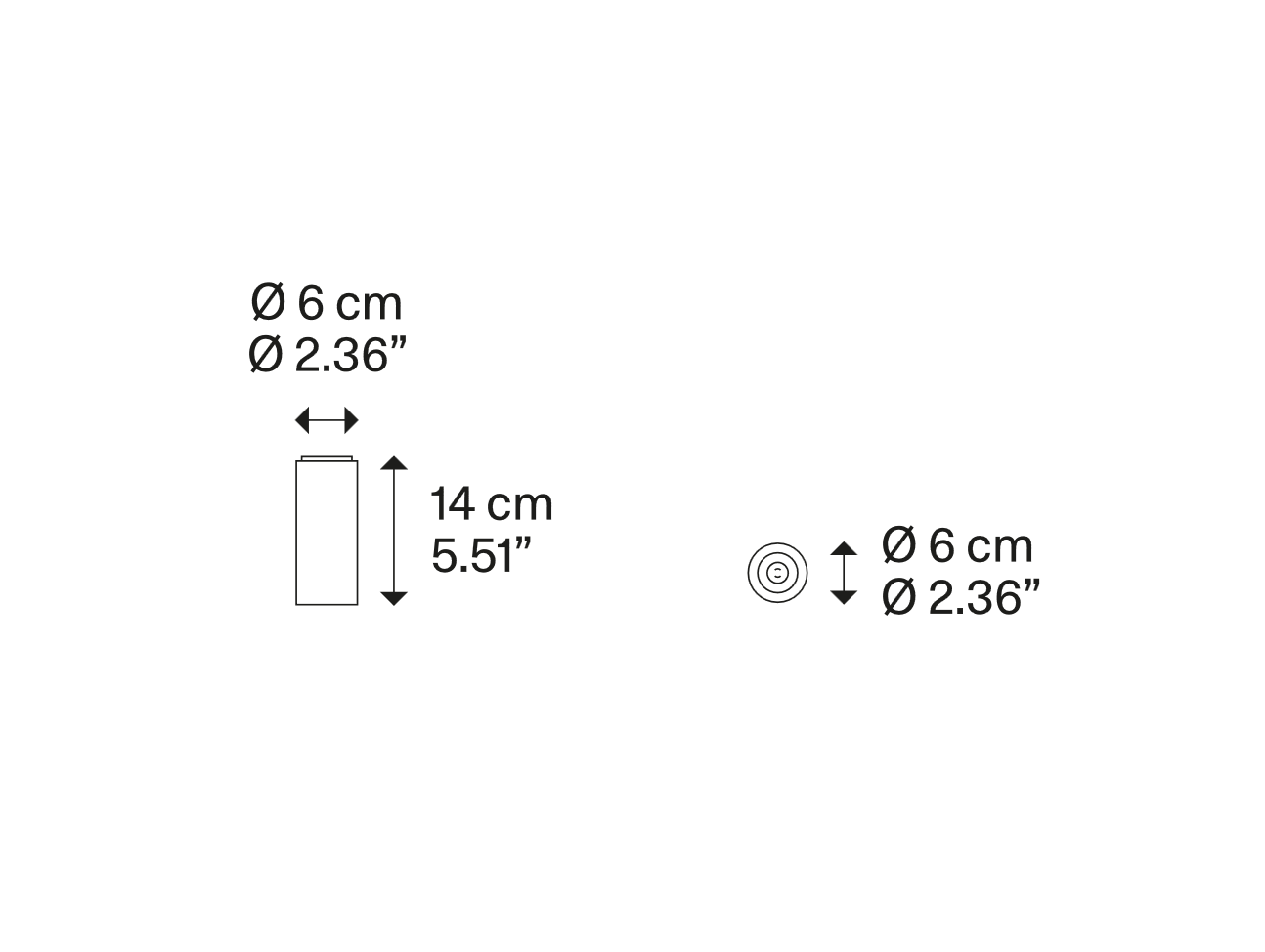 Lodes A-Tube Mini ceiling light shade dimensions showing 6 cm diameter and 14 cm height