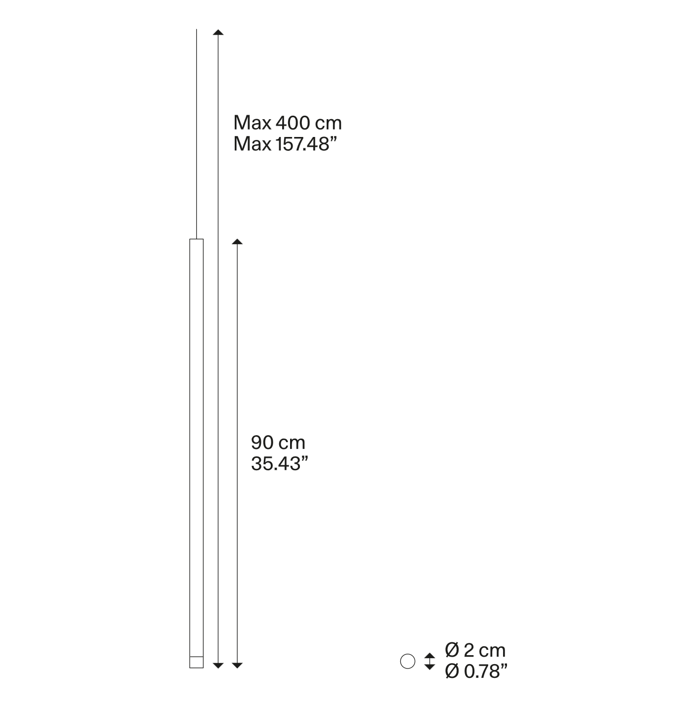 Technical line drawing of the Lodes A-Tube Nano Large architectural LED pendant light