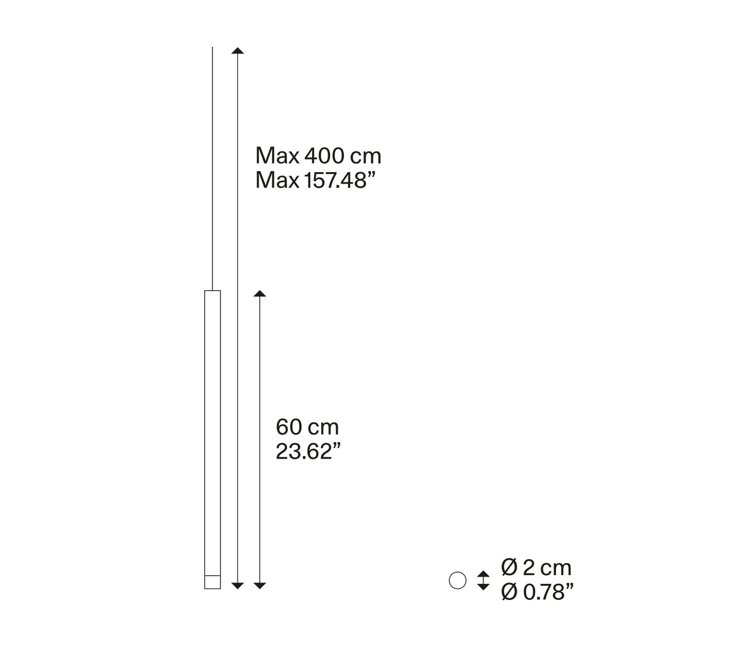 Technical line drawing of the Lodes A-Tube Nano Medium modern LED pendant light for design planning