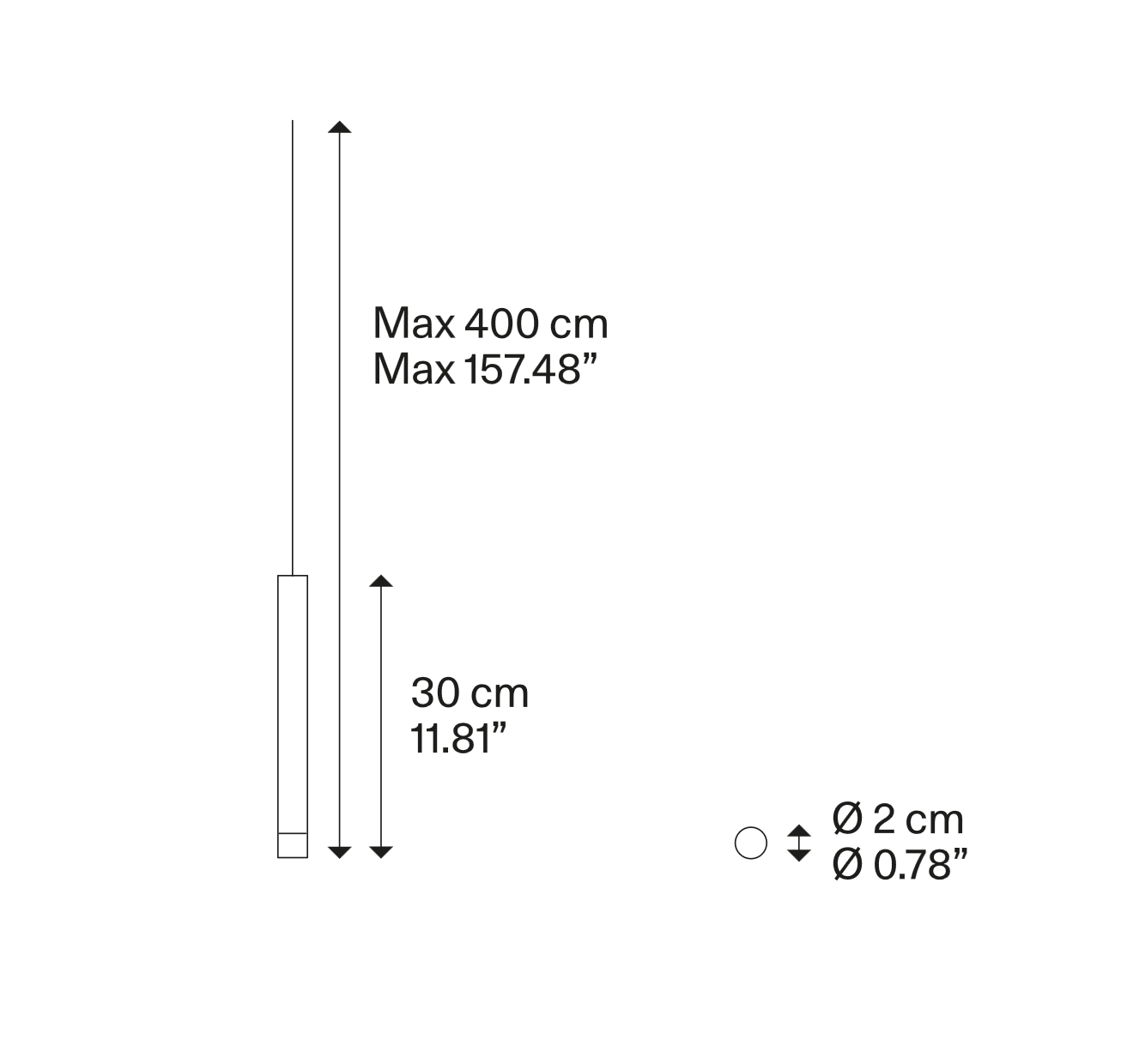 Technical line drawing of the Lodes A-Tube Nano Small modern LED pendant light