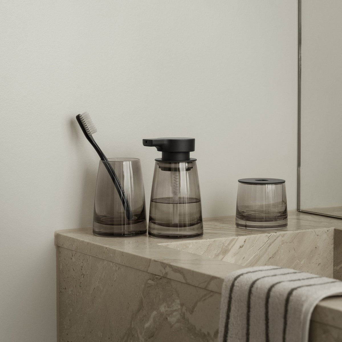 blomus AVA Hand-Blown Glass Toothbrush Tumbler – AVA tumbler in a styled bathroom (1)