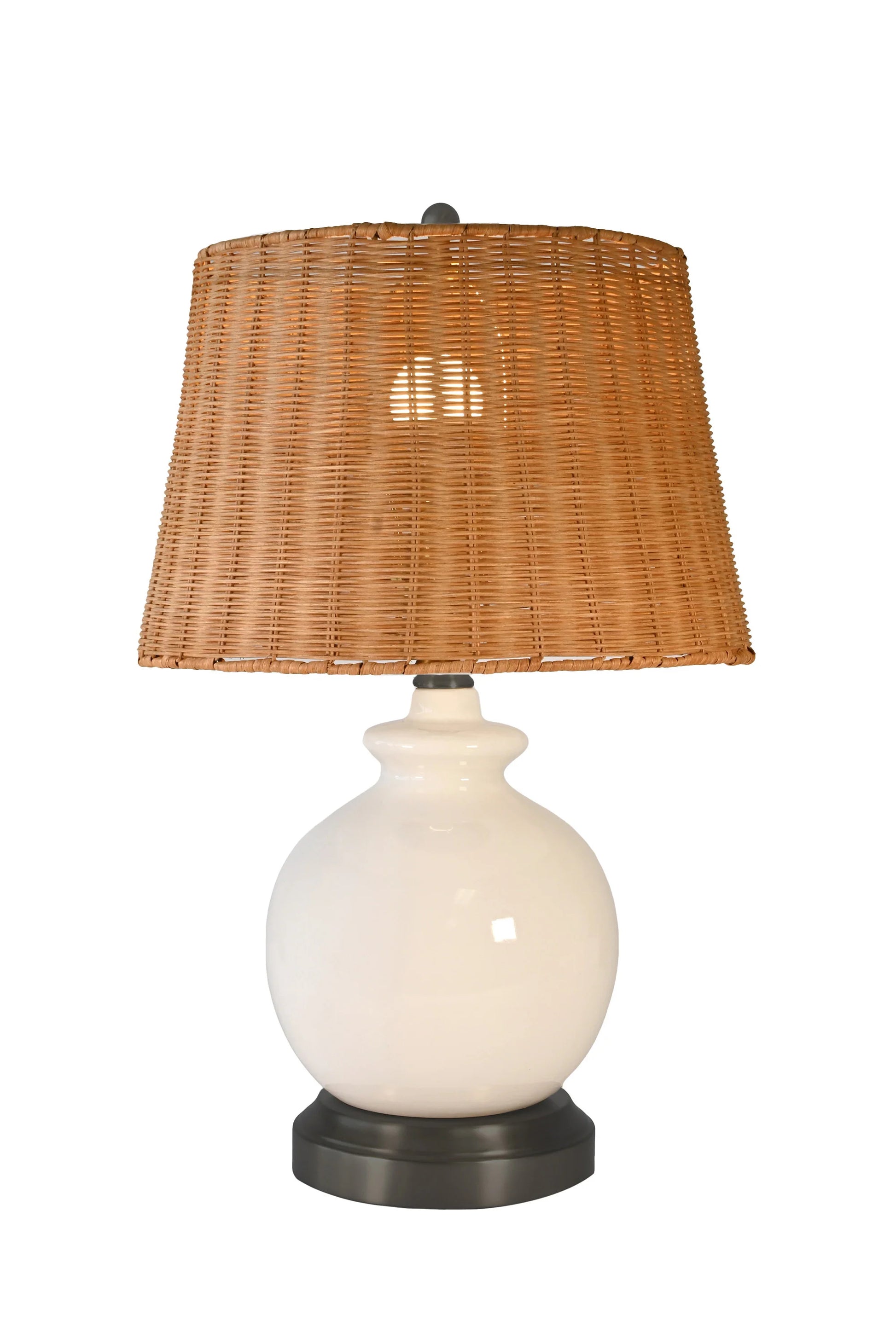 Abbeygale rechargeable lamp with ceramic body and contemporary lantern profile with rattan shade