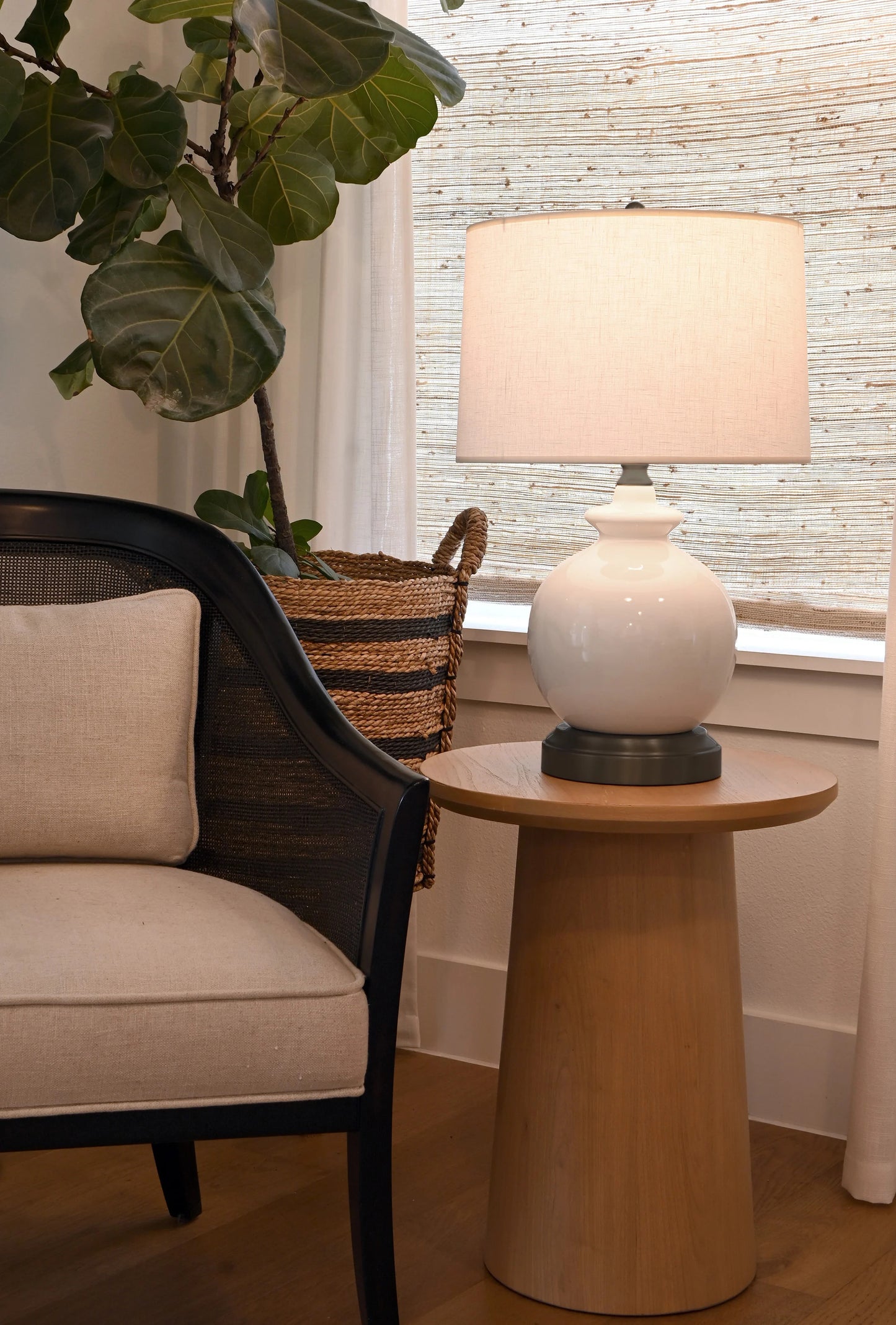 Modern Lantern rechargeable table lamp with ivory stoneware construction