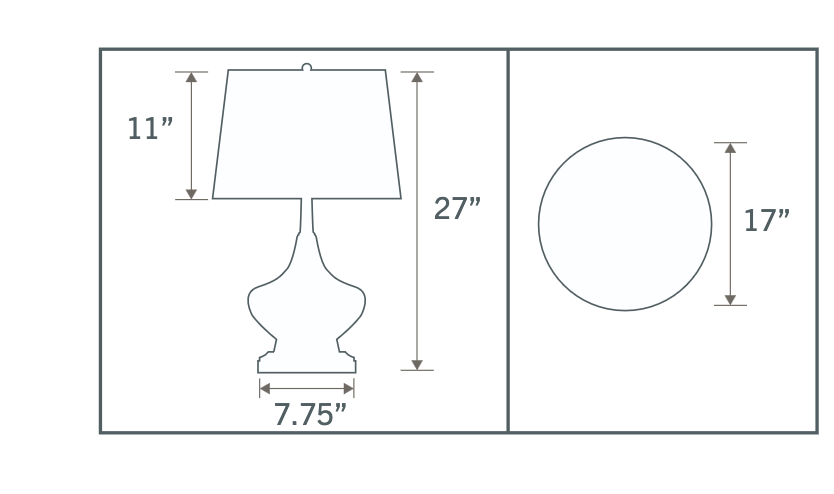Technical line drawing showing dimensions and profile of the Abbeygale rechargeable ceramic table lamp
