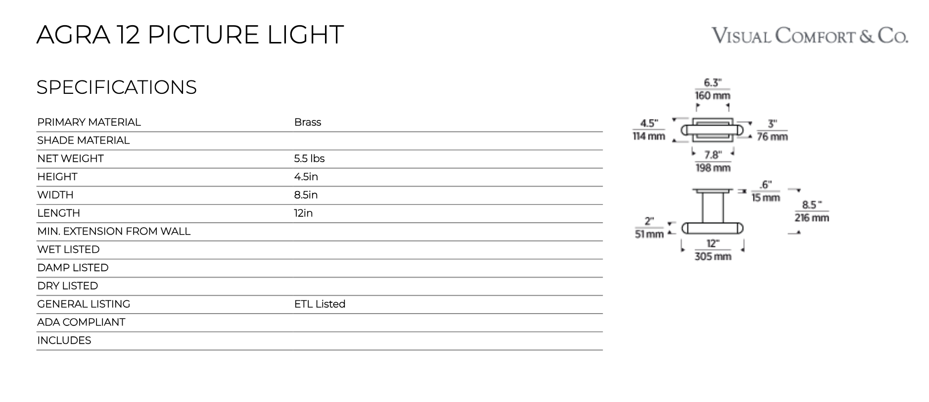 12-inch LED Wall Light For Artwork Agra by Visual & Comfort & Co