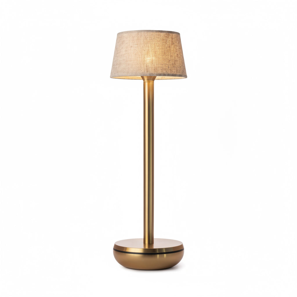 Humble Air V2 Cordless Table Lamp by Humble, Gold with Beige Linen Shade (image 1)