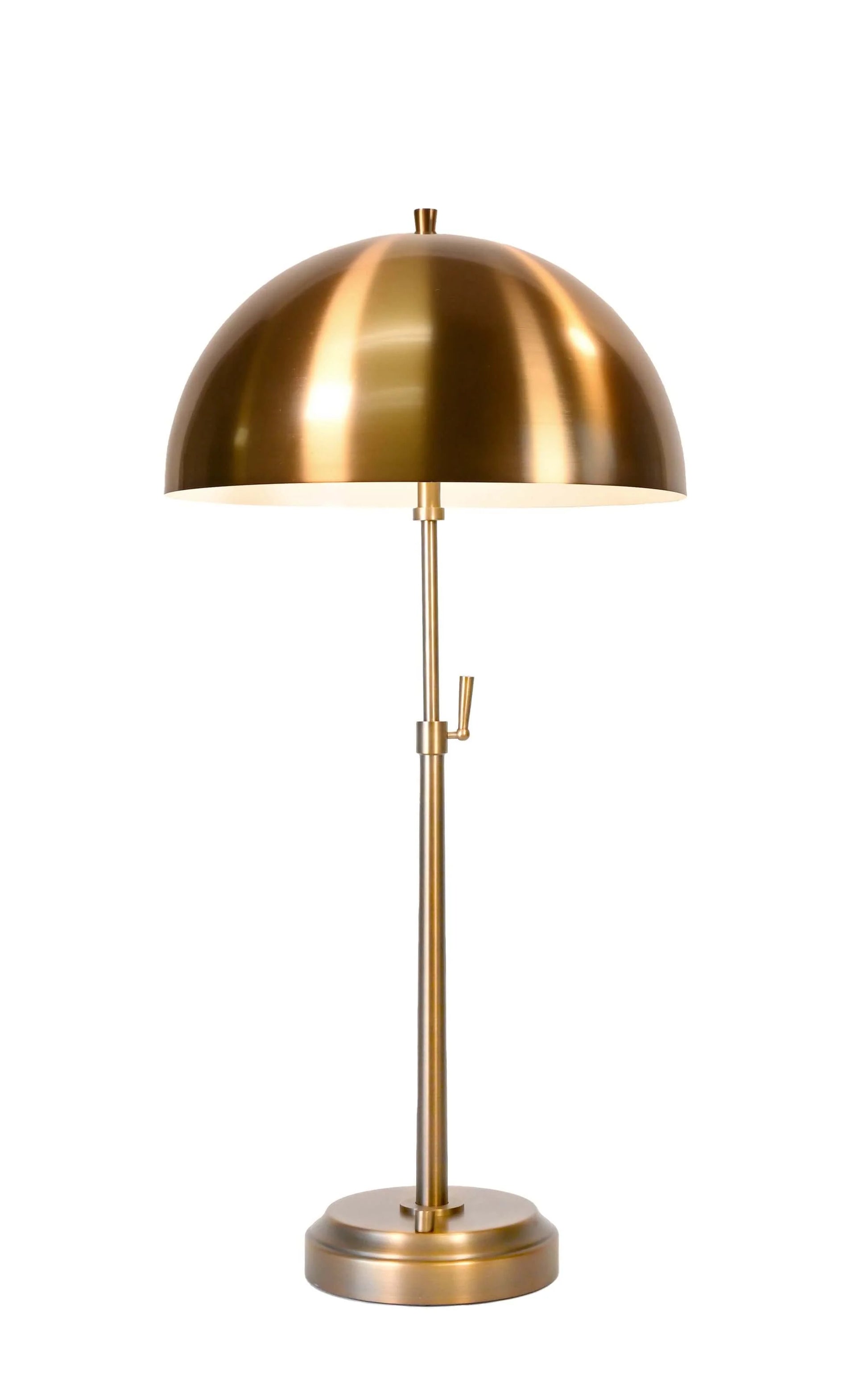 Dark antique brass bedside table lamp with beige empire shade and LED bulb