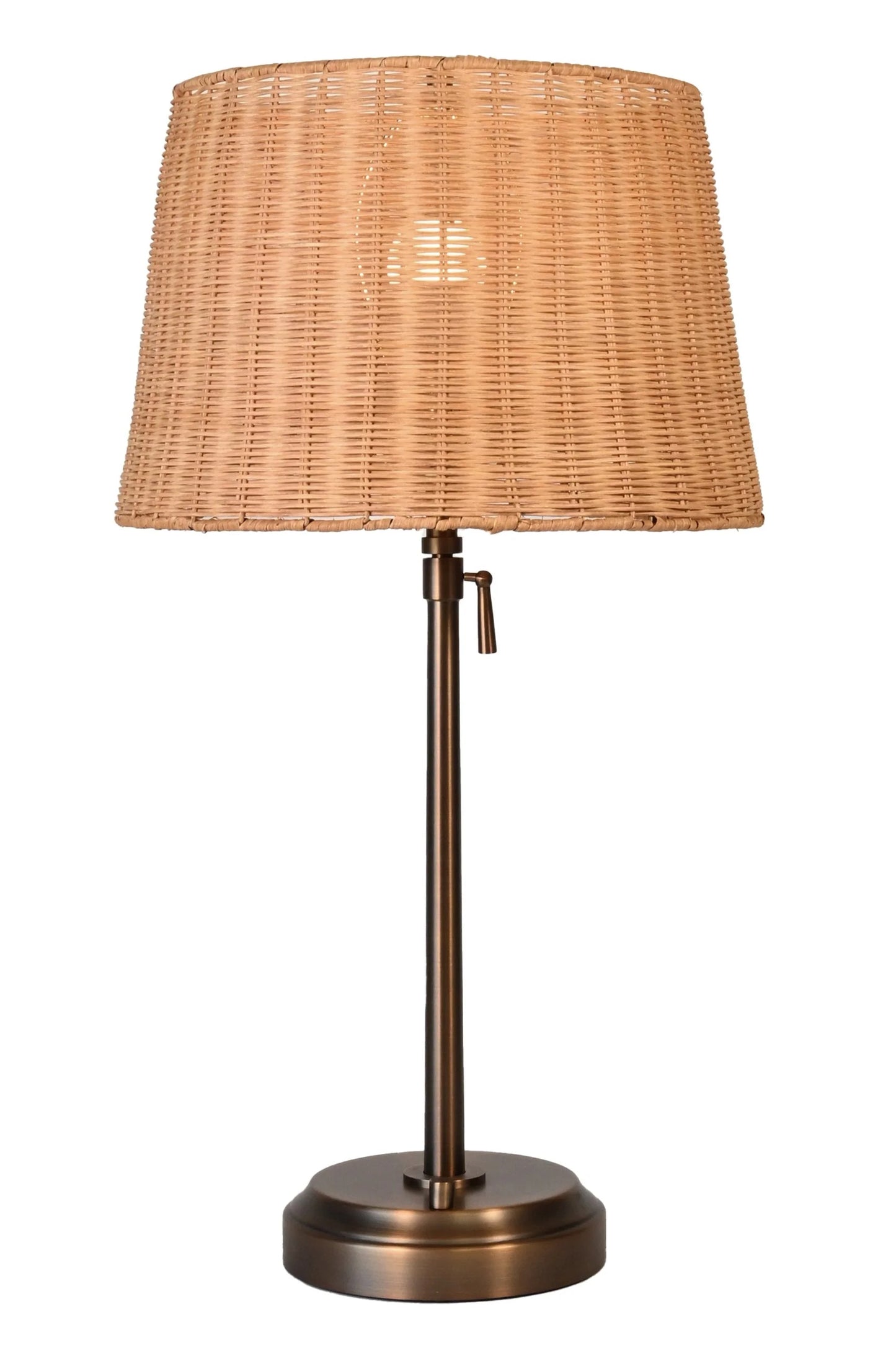 Alexis Cordless Table Lamp with dark antique brass finish and rattan shade