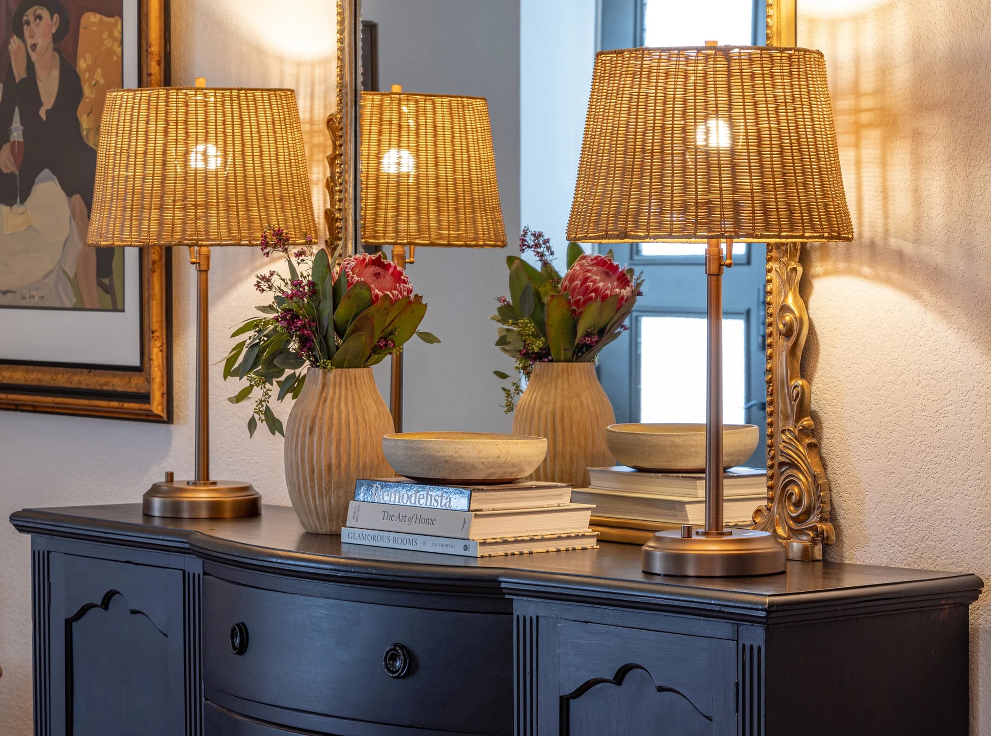 Modern lantern-style Alexis Cordless Table Lamp on side table
