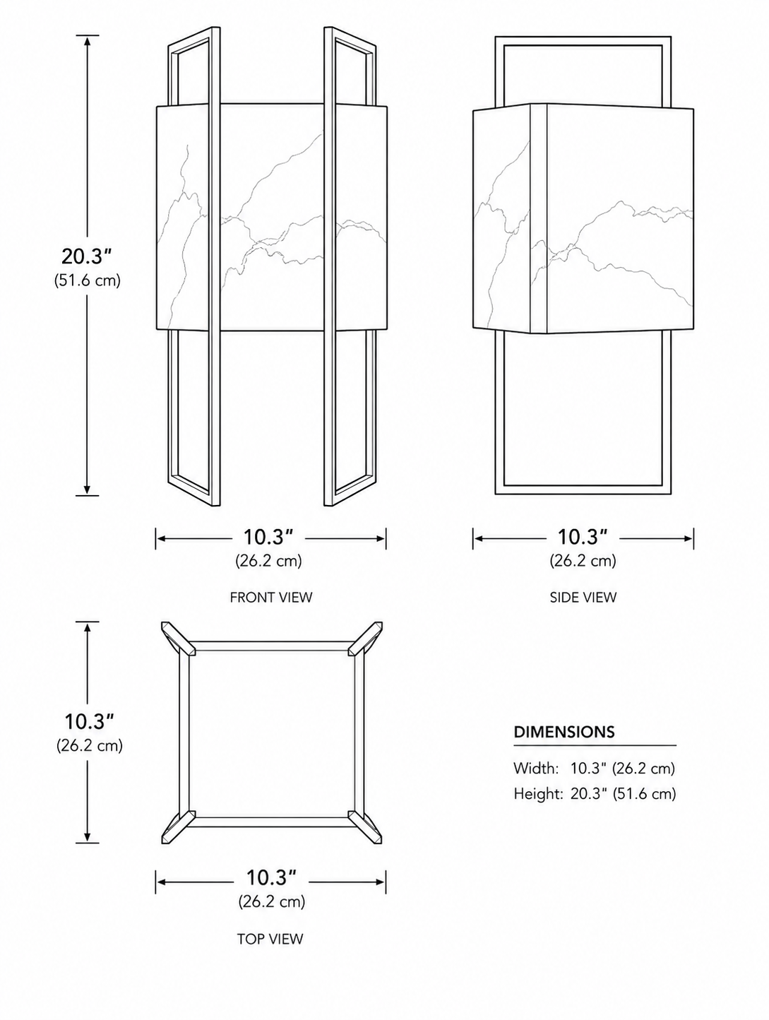 Aloft 20 cordless table lamp line drawing with dimensions 10.3 inch width and 20.3 inch height technical diagram