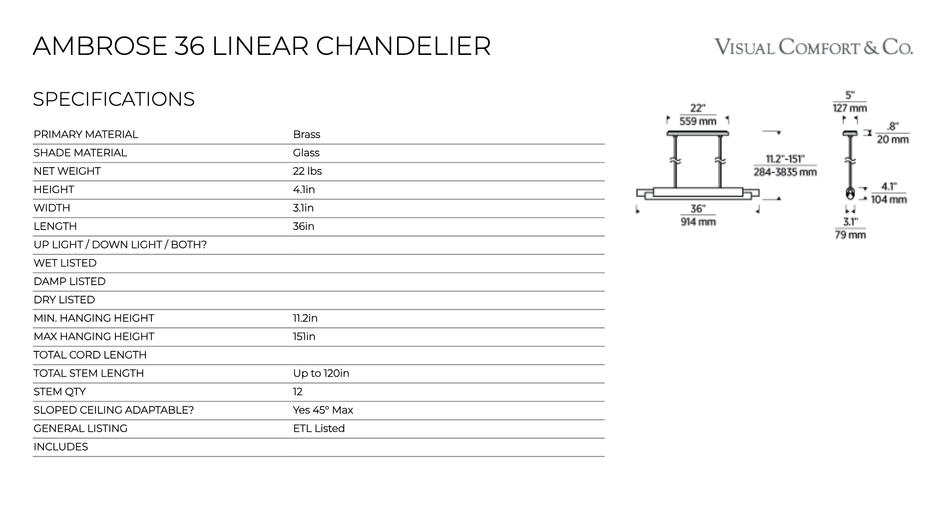 Ambrose 36-inch Linear LED Chandelier Dining Kitchen by Visual & Comfort & Co