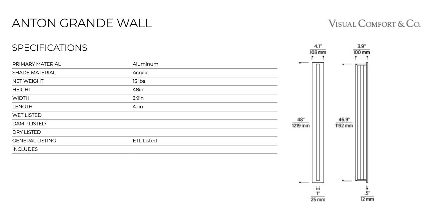 Anton Black Outdoor Wall Sconce 48In by Visual & Comfort & Co