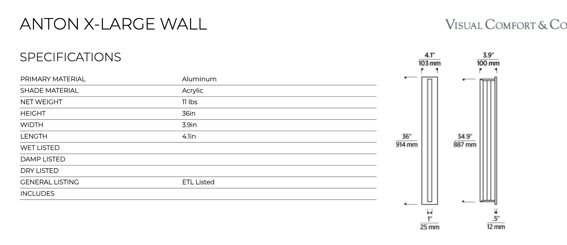 Anton 36-inch Outdoor Wall Sconce Black by Visual & Comfort & Co