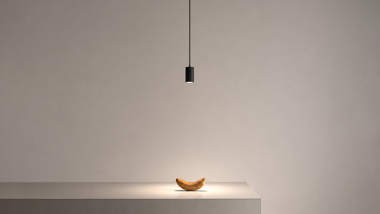 Black Anvil Spot S pendant spotlight above a shelf with a decorative bowl