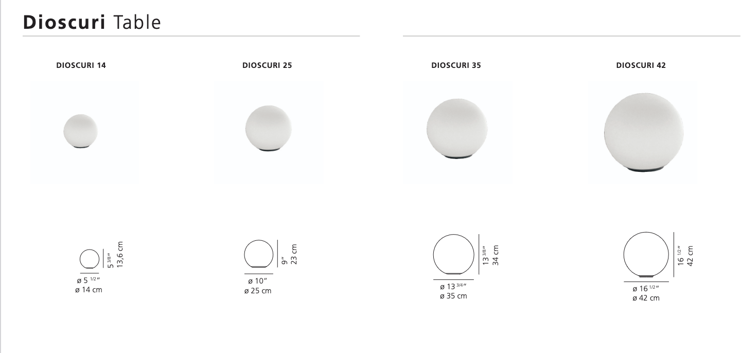 Artemide Dioscuri spherical diffuser and base detail - dimensions