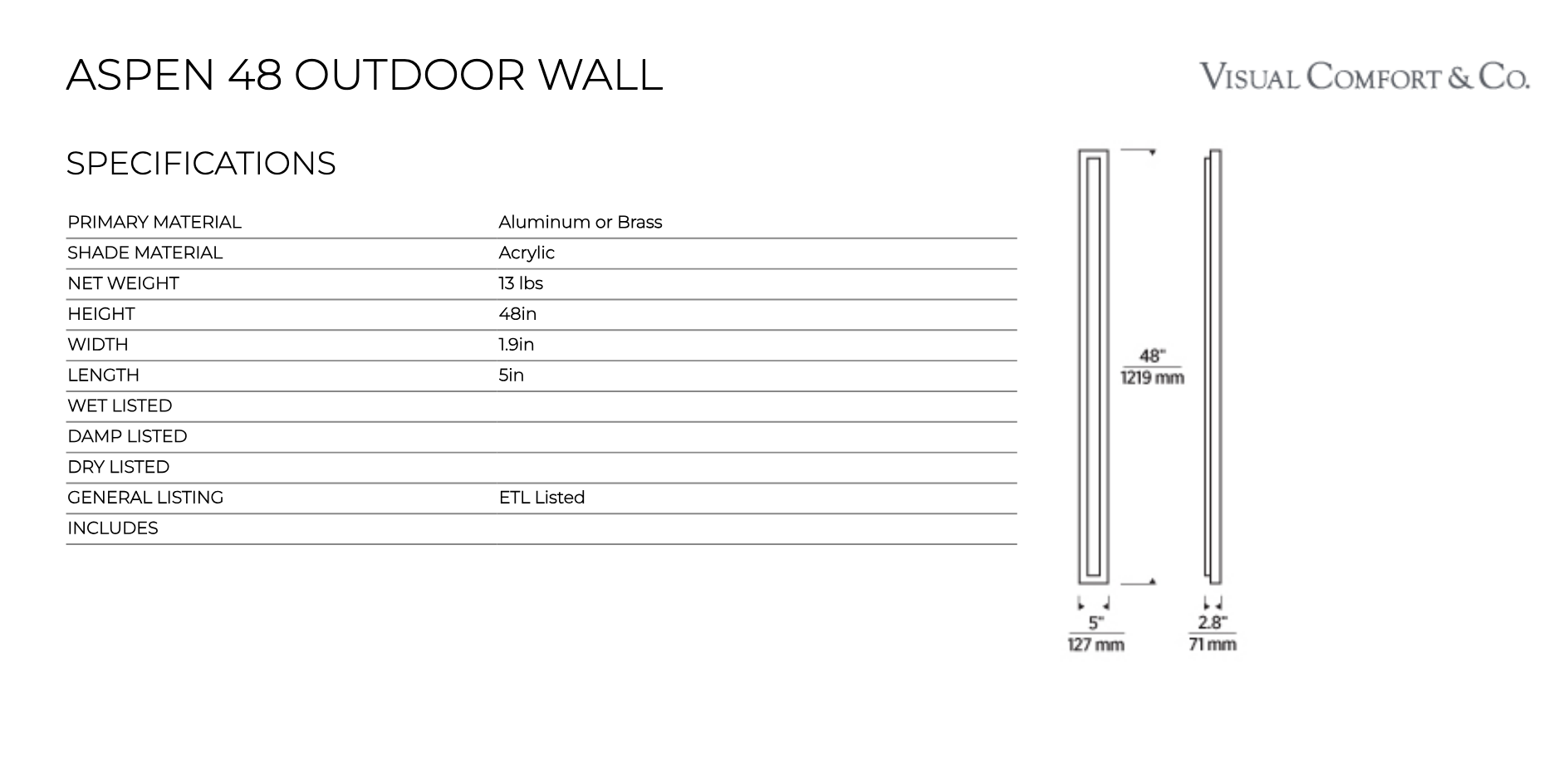 Aspen 48 Outdoor Wall Light by Visual & Comfort & Co
